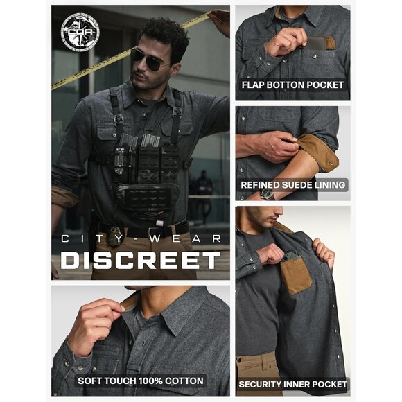 Mens Suede Grey Cotton Flannel Shirt Long Sleeve Casual Outdoor Plaid - Picture 7 of 9